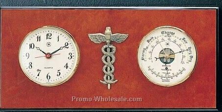 Brass Clock/Barometer/Thermometer On Burlwood - Medical Ornament