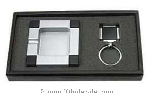Dark Metal Corner Square Ashtray Gift Set W/ Key Ring