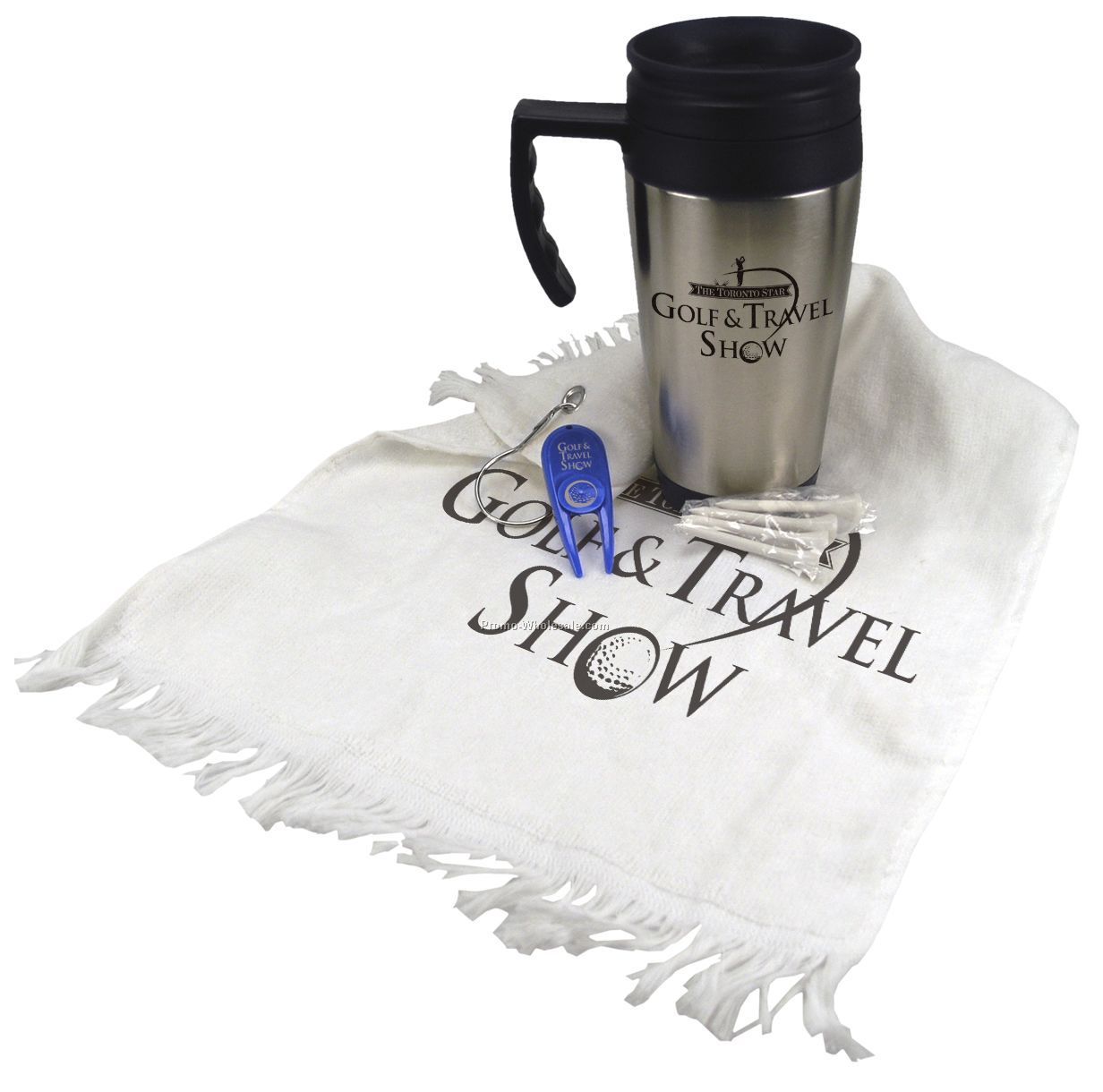 Golf Gift Set (14 Oz. Steel Budget Mug/ Divot Tool/ 4 Tees/ Towel)