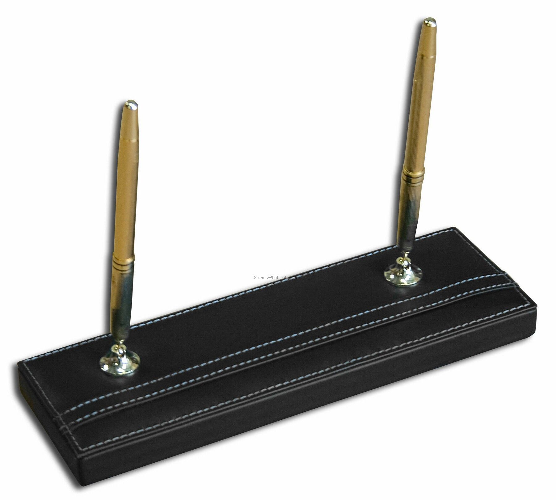 Leather Double Pen Holder - Black With Gold Accents