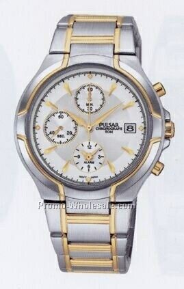 Men's Collection Pulsar Silver Alarm Chronograph Watch (Gold Trim)