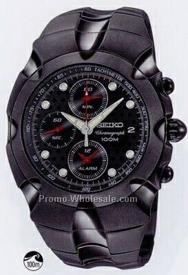 Men's Seiko Alarm Chronograph Watch W/ Curved Crystal (Black)