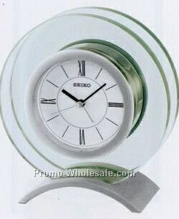 Round Silver Tone Metal & Glass Case Desk & Table Clock W/ Alarm