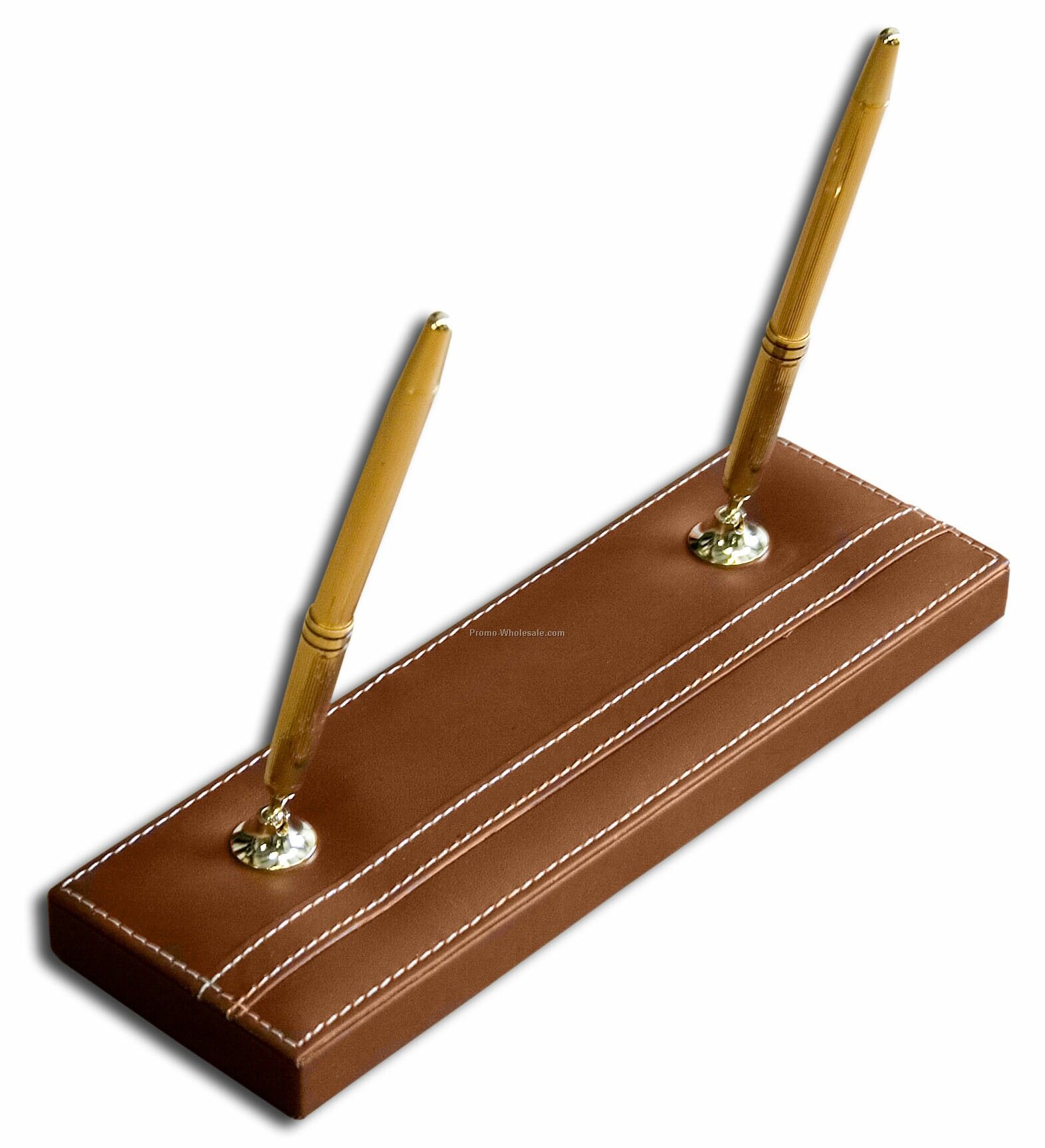 Rustic Leather Double Pen Holder With Gold Accent - Brown