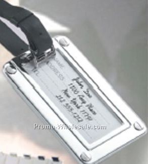 Silver Luggage Tag With Black Leather Strap