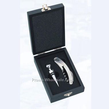 Wine Opener And Stopper Set. Silver Pcs In Black Wood Box. (Screened)