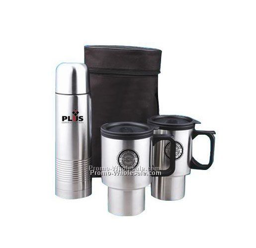 4 Pcs Screened Travel Mug Set: 2 Mugs, 1 Thermal Bottle & Carrying Case