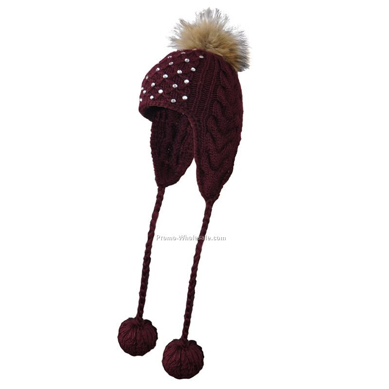 Brown earflap hat wtih shining studs