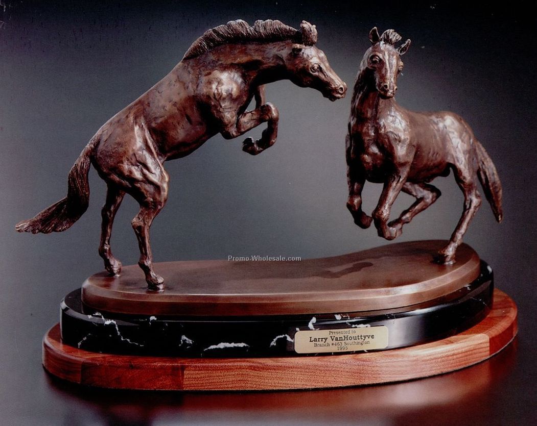10-1/2"x19" Bronze Fighting Stallions Sculpture