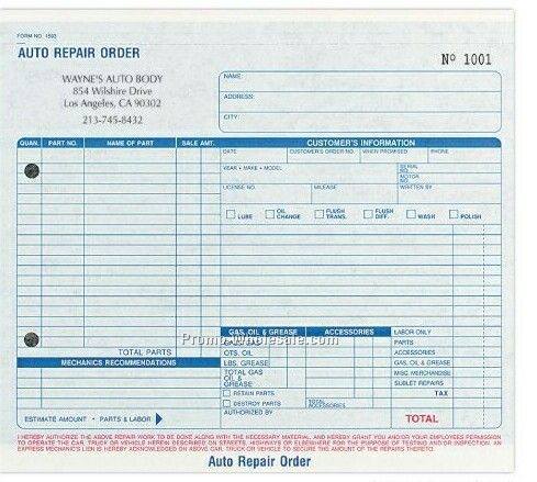 11"x8-1/2" 4 Part Auto Repair Order Snap Sets