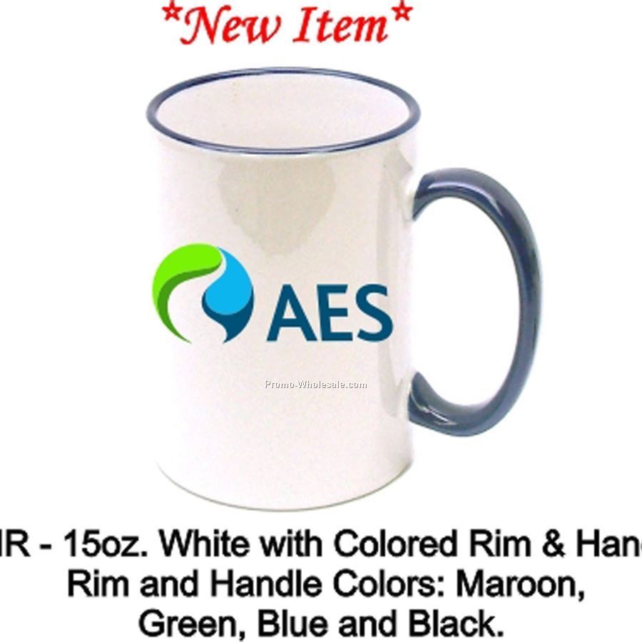 15 Oz. White Mug With Colored Rim And Handle
