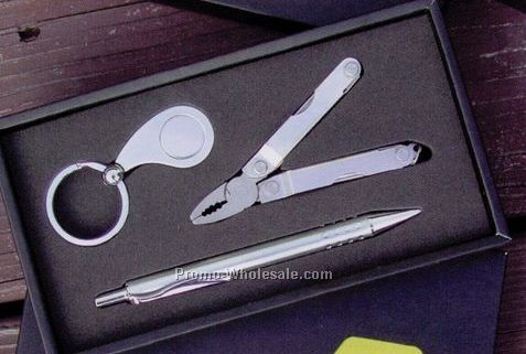 3 Pc. Chrome Finish Gift Set (Pen/ Key Ring/ Folding Pliers)