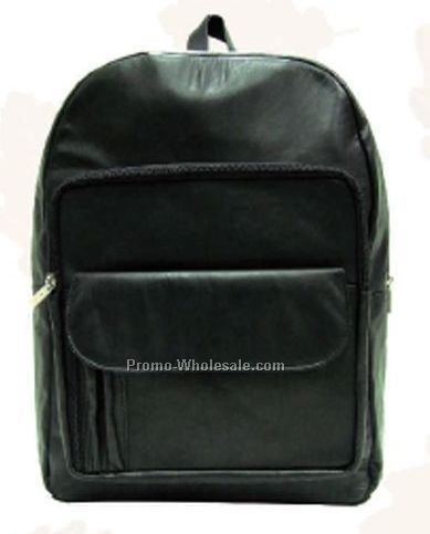 31cmx40cmx15cm Black Cowhide Top Zip Knapsack Backpack With Front Flap