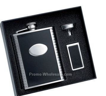 6 Oz Black Bonded Leather Stainless Steel Flask W/Pattern On Both Sides And