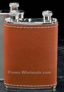 7 Oz. Double Stainless Steel Chrome Flask With Brown Leather