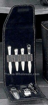 7 Piece Manicure Set With Black Leather Case & Collar Stays