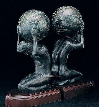 8" Bronze Brass Atlas With Globe On Wood Base Bookends