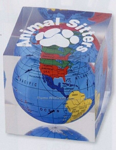Acrylic Cube Paperweight W/ Globe (3 Day Shipping)