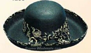 Black Straw Hat W/ Print Trim (One Size Fit Most)