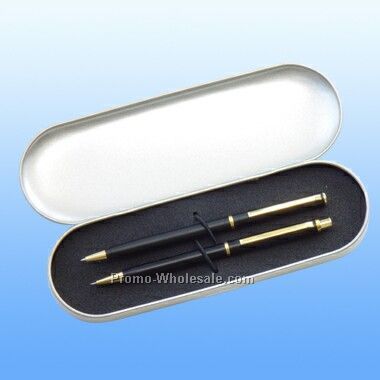 Brass Pen & Pencil Set In A Metal Box