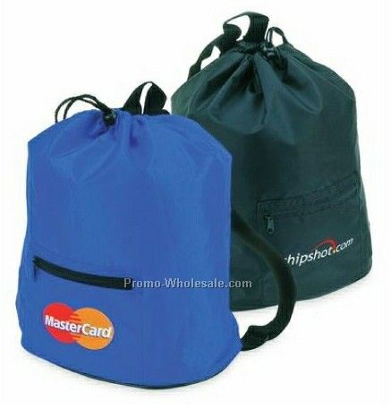 Drawstring Backpack Oval Shape Bottom W/1 Front Zipper Pocket