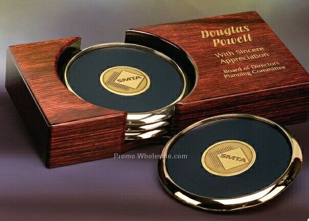 Dymondwood Coaster Holder W/ 4 Gold Plated Round Coasters - 8"x4"