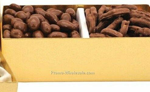 Gold Gift Box Filled With Chocolate Almonds And Pretzels