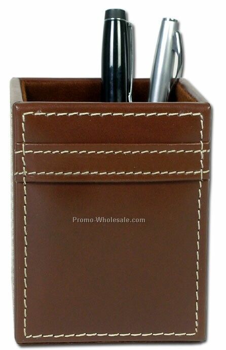 Rustic Leather Pencil Cup Holder - Brown