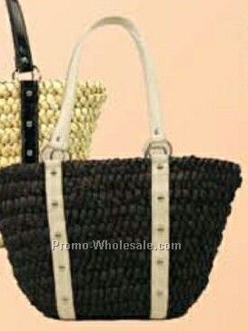 Straw Handbag With Leather Straps And Metal Rings