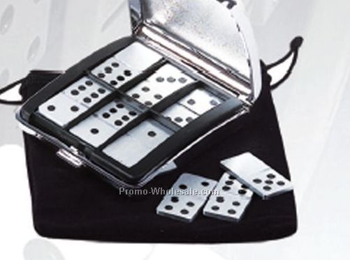 Traveling Domino Game With Silver Metal Case & Carry Pouch