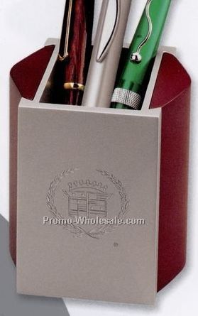 2-1/2"x3" Silver & Wood Pen / Pencil Holder