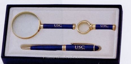 3 Piece Pen/ Key Tag/ Magnifying Glass Gift Set W/ Gold Accents