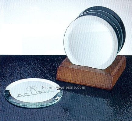 4-piece Circle Mirror Coaster Set W/ Walnut Wood Base