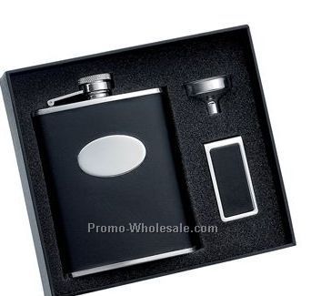 6 Oz. Bonded Black Leather Stainless Steel Flask With Oval Convex And Match