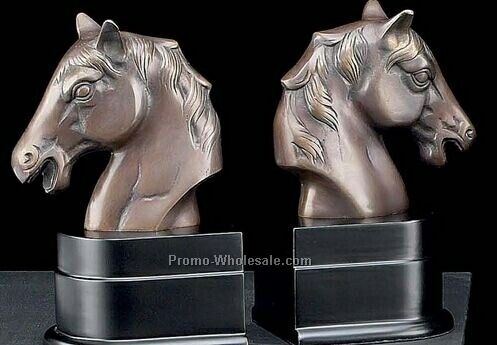 8" Bronzed Brass Horse Bookend On Wood Base
