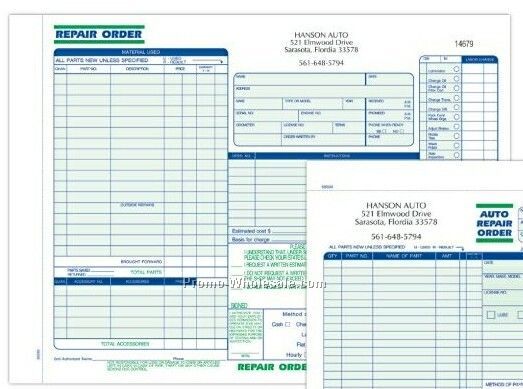 8-1/2"x7" 3 Part Auto Repair Fl Repair Order Formatted Snap Sets