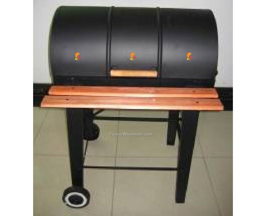 Barbecue Grill - Barrel Style With Front Wood Shelf And Wood Handle