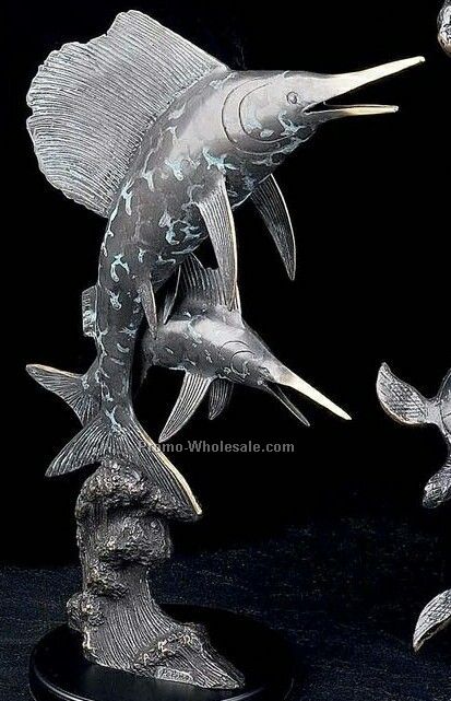 Bronzed Patina Finished Metal Sailfish Sculpture With Wood Base