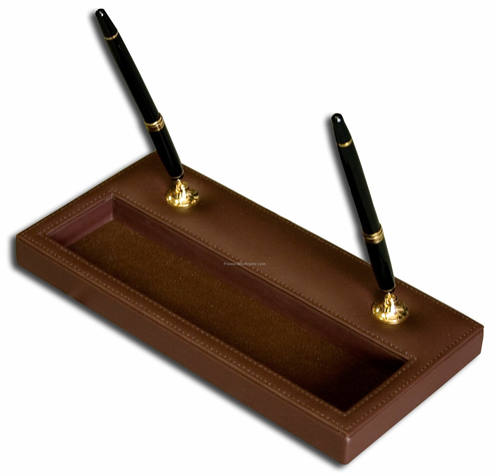 Classic Leather Double Pen Stand - Chocolate Brown W/ Gold Accent