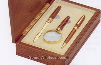 Deluxe Rosewood Pen W/ Letter Opener And Magnifier Set In Burlwood Box