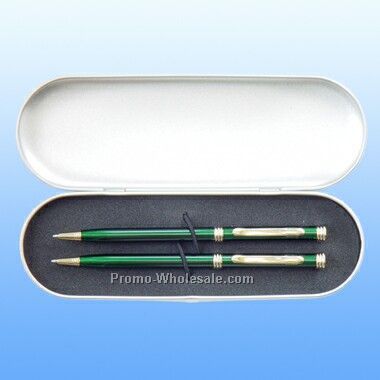 Double Green Pens In A Metal Box