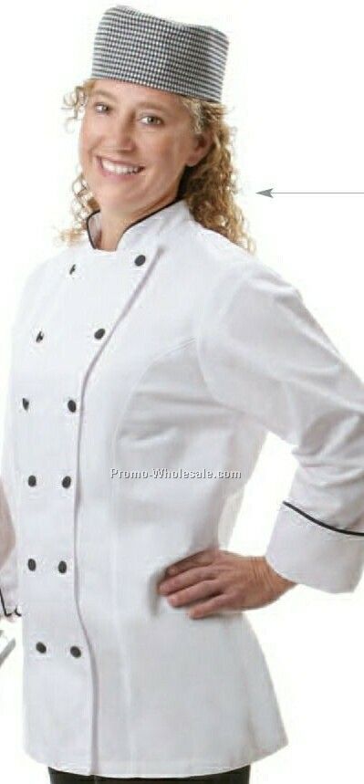Ladies' Fitted Chef Coat - White W/ Black Piping (Large)