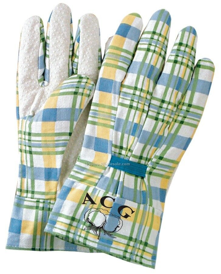 Ladies Gingham Plaid Garden Gloves With Pvc Grip Dots On Palm (Medium)