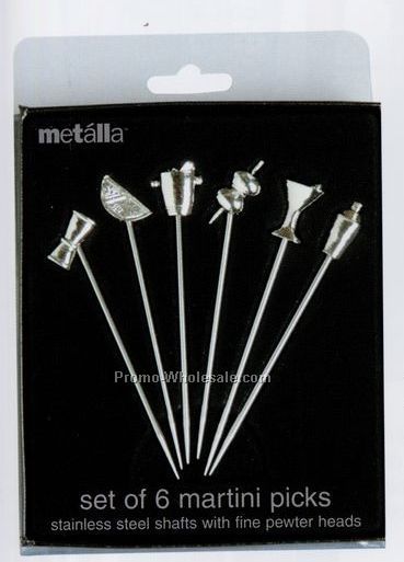 Metalla 6 Piece Stainless Steel Martini Pick Set With Pewter Handles