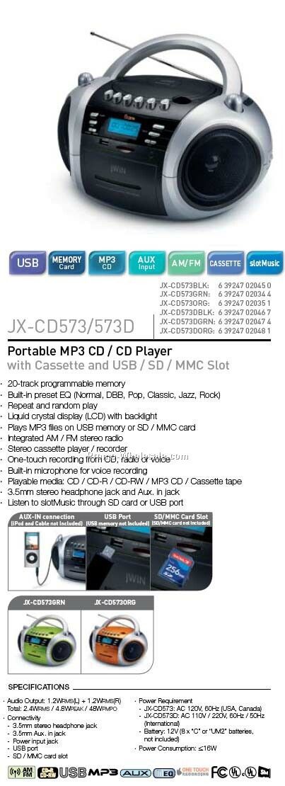 P-mp3 CD/CD W/Cassette/Radio/Memory Slot - Green Dual Volt