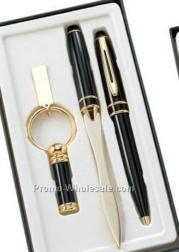 Pen/ Key Ring & Letter Opener 3 Piece Gift Set (Black/ Gold Accent)