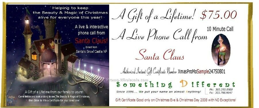 10 Minute Gift Certificate For Live Phone Call From Mr. Or Mrs. Santa Claus