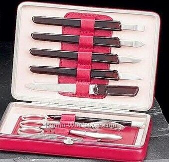 10 Piece Manicure Set With Red Leather Case