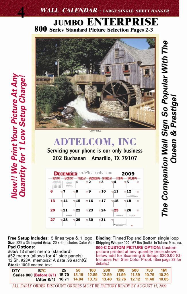 22-1/2"x34" Enterprise Wall Calendar - Custom Picture