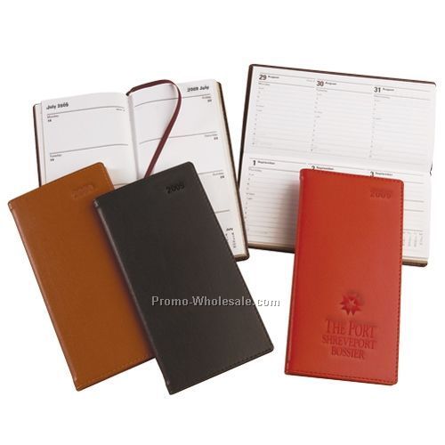3-1/8"x6-1/2" Black Genuine Leather Planner W/ Horizontal Pocket